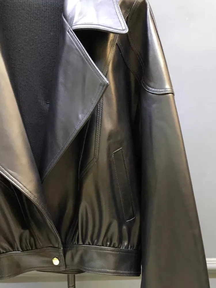 여성용 새 배트윙 슬리브 정품 가죽 짧은 재킷 진짜 양피 턴 다운 칼라 캐주얼 루즈 피트 지퍼 코트 봄 가을