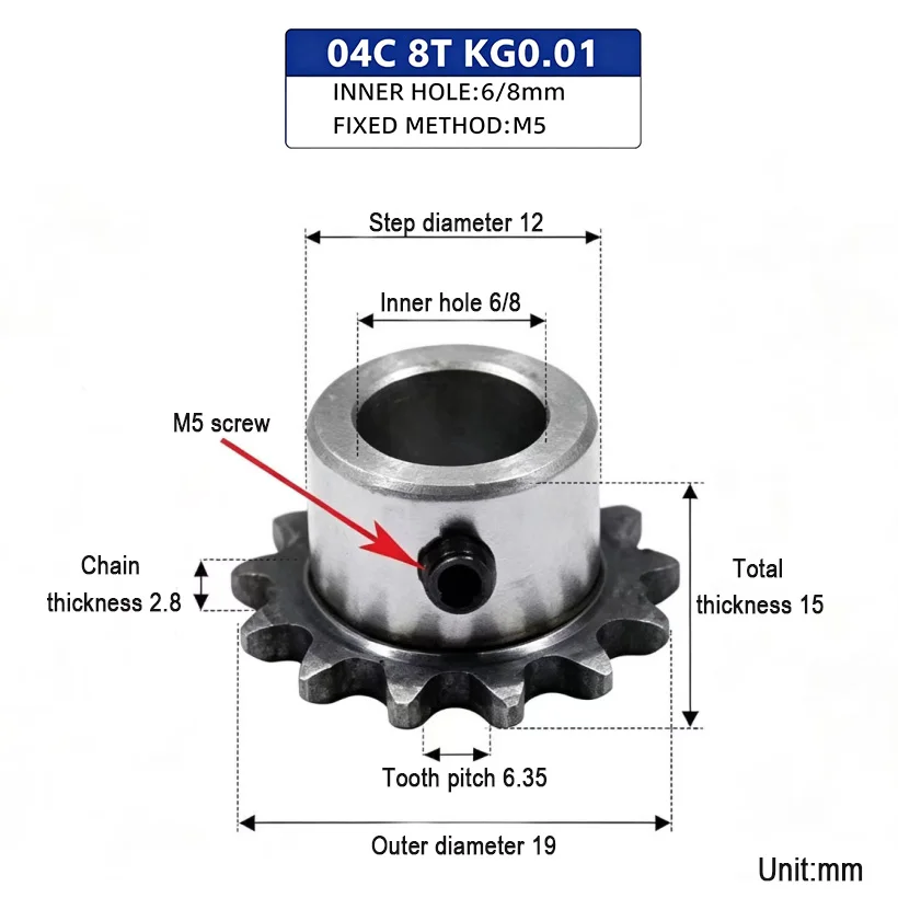 04C Chain Sprocket 8T/10T/12T/13T M5 Threaded Mounting Holes Standard Pilot Bore 45# Carbon Steel Hardened 6.35mm Pitch