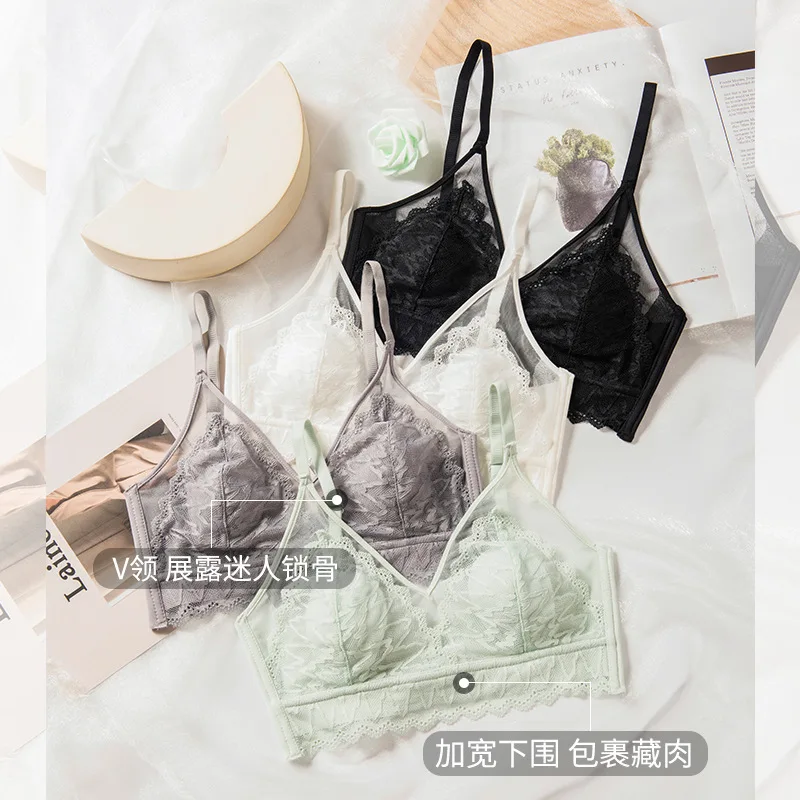 

Summer Thin Rabbit Ears Breathable Lace Underwear Female No Underwire Big Chest Small Adjustable Push-up Bra Female