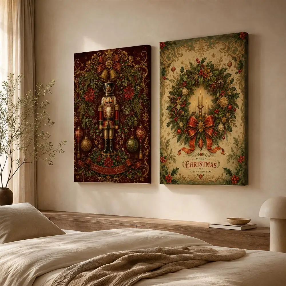 Vintage Victorian Christmas Framed Wall Painting Ready to Hang Canvas Art Poster for Living Room Bedroom Home Decor Decals