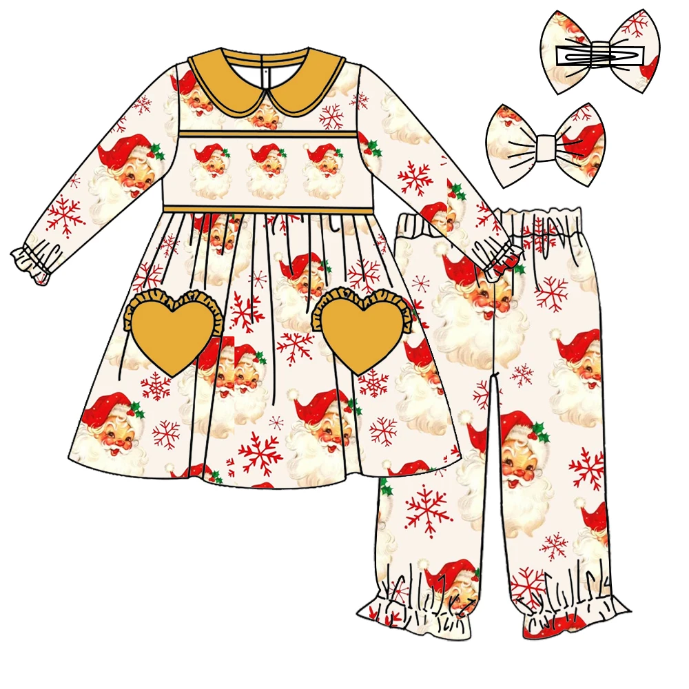 Christmas Boutique Children's Pajama Set Long-Sleeved Santa Printed Elastic Trousers Baby Girl Robe Zip Jumpsuit Elastic Waist
