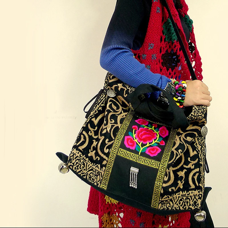 Винтажная модная черная холщовая сумка-тоут с этнической вышивкой для женщин, классическая сумка через плечо