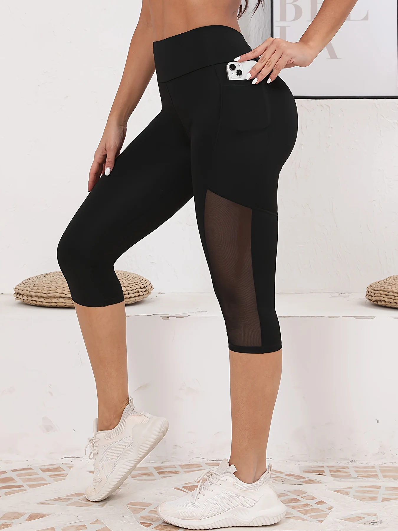 Women's Mesh Splicing With Pockets High Waist Yoga Pants Capri Tummy Tuck Exercise Leggings