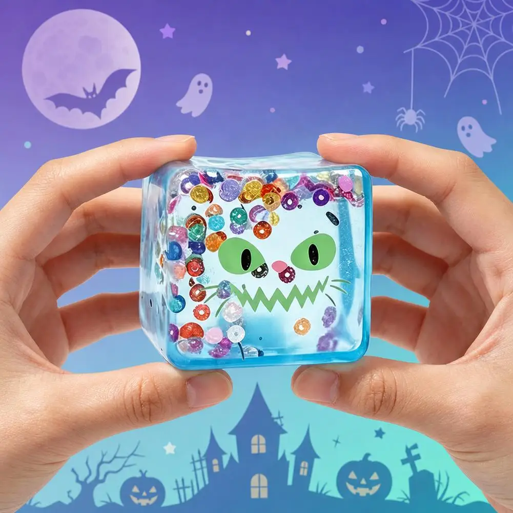 Halloween Sensory Squishy Toy Transparent Ice Cube Design Funny Face Stress Relief Gift Creative Soft Maltose Play Toy