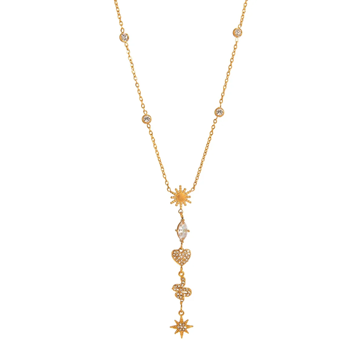 

Star Sun Heart Snake Pendant Necklace For Women Minimalist Y Shape Chain 18K Gold PVD Plated Stainless Steel Necklace