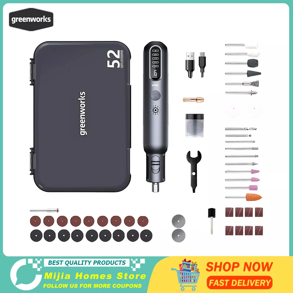 Szlifierka elektryczna litowa Greenworks z oświetleniem Inteligentny wyświetlacz HD 52 sztuk Akcesoria Pióro do grawerowania bitów o dużej mocy 80 W