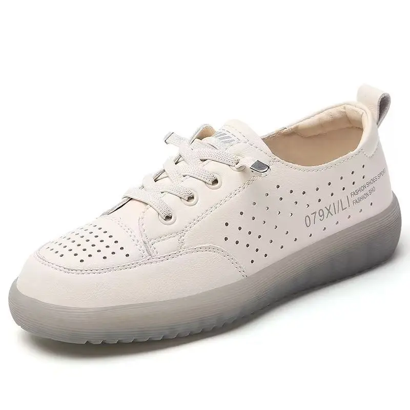

Woman's Leather Flat Sole Casual Sneakers Spring Summer New Round Toe Hollow Out Soft Sole Non Slip Slip On Casual Board Shoes