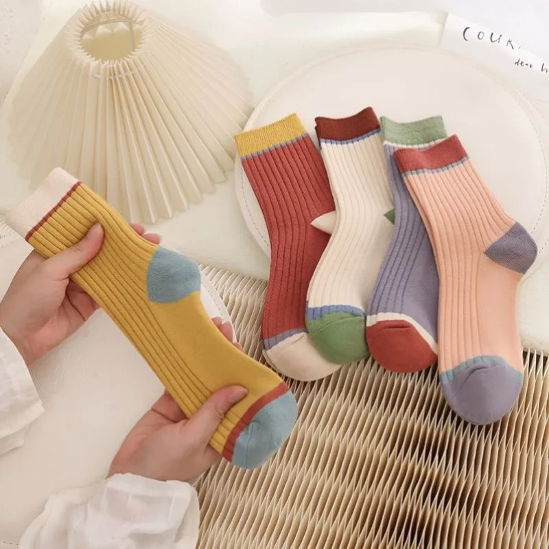 Striped Women Socks Harajuku Retro Solid Color Mid-tube Socks Autumn Winter Breathable Sweat-absorbent Sock for Women Meias