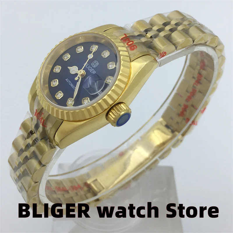 

BLIGER New Luxury 26mm Women's Gold Watch Diamond Index Blue dial Date Window Sapphire Glass Japan NH05 Mechanical Women's Watch