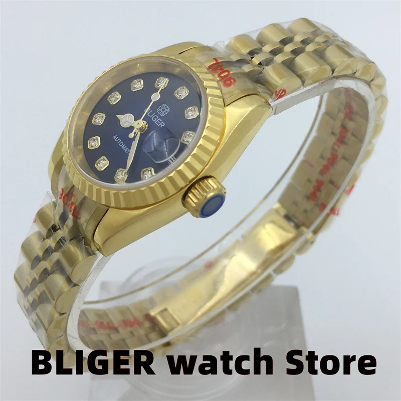 BLIGER New Luxury 26mm Women's Gold Watch Diamond Index Blue dial Date Window Sapphire Glass Japan NH05 Mechanical Women's Watch