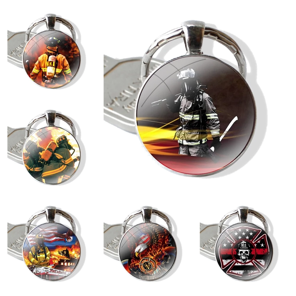 New classic firefighter emergency rescue design Keychain Handmade Glass Cabochon Key Ring Holder Pendant Key Chains