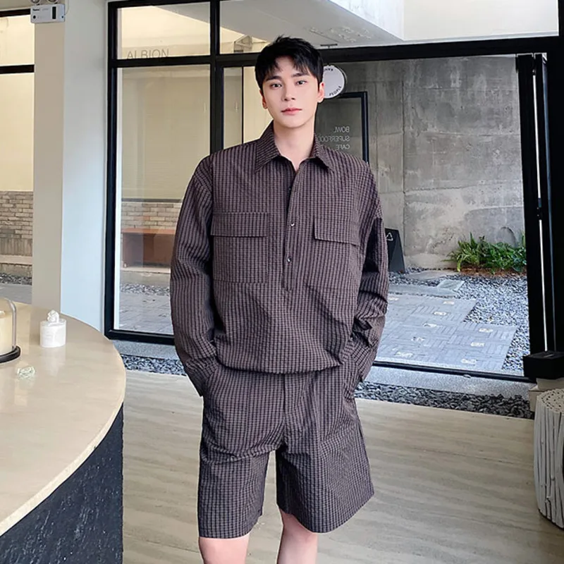 

SYUHGFA New Fashion Men's Set Striped Turn Down Collar Shirt Shorts Korean Wide Legs Shorts Male Two-piece Niche Design 2024