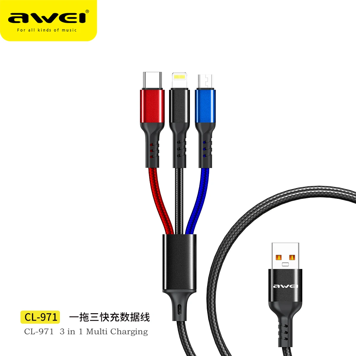 

Awei CL-971 3 In 1 Fast Charging Cable 120W Multi Usb Port Charging Cord USB Type C Micro Data Cable for iPhone/Xiaomi/Huawei