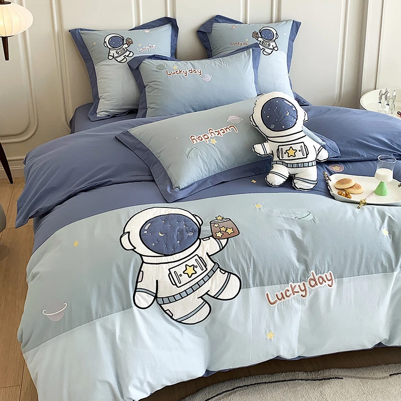 Blue Cute Cartoon Astronaut Embroidery 100% Cotton Boys Bedding Set Single Duvet Cover Set Bed Sheet Pillowcases Gifts For Child