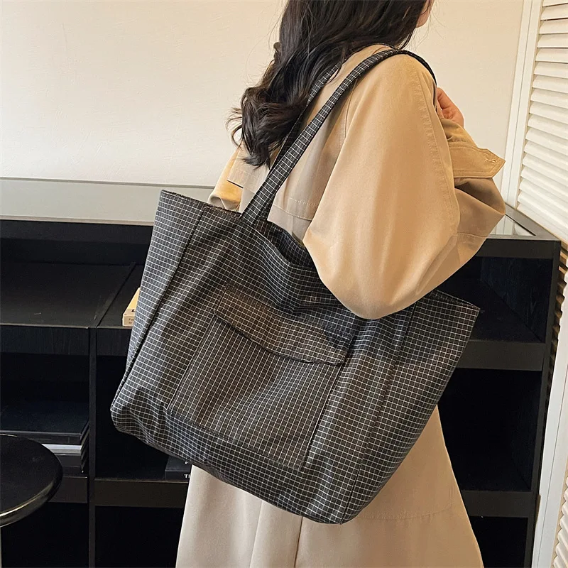 

Women Plaid Top Handle Bag Textured Casual and Simple Design Shoulder Bag Large Capacity Casual Tote Bag for Travel School Work