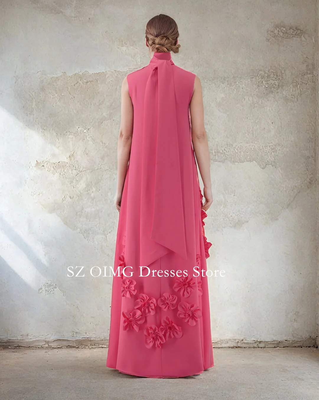 OIMG New Design High Neck Prom Dresses Saudi Arabic Women Sleeveless Pink Satin Flowers Evening Gowns Formal Party Dress