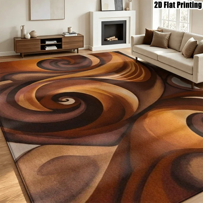 Large Indoor Area Rug, Soft Velvet Low Pile, Machine Washable, Abstract Warm Spiral Swirl Pattern in Earthy Brown Tones, Ideal for Living Room and Bedroom Home Decor