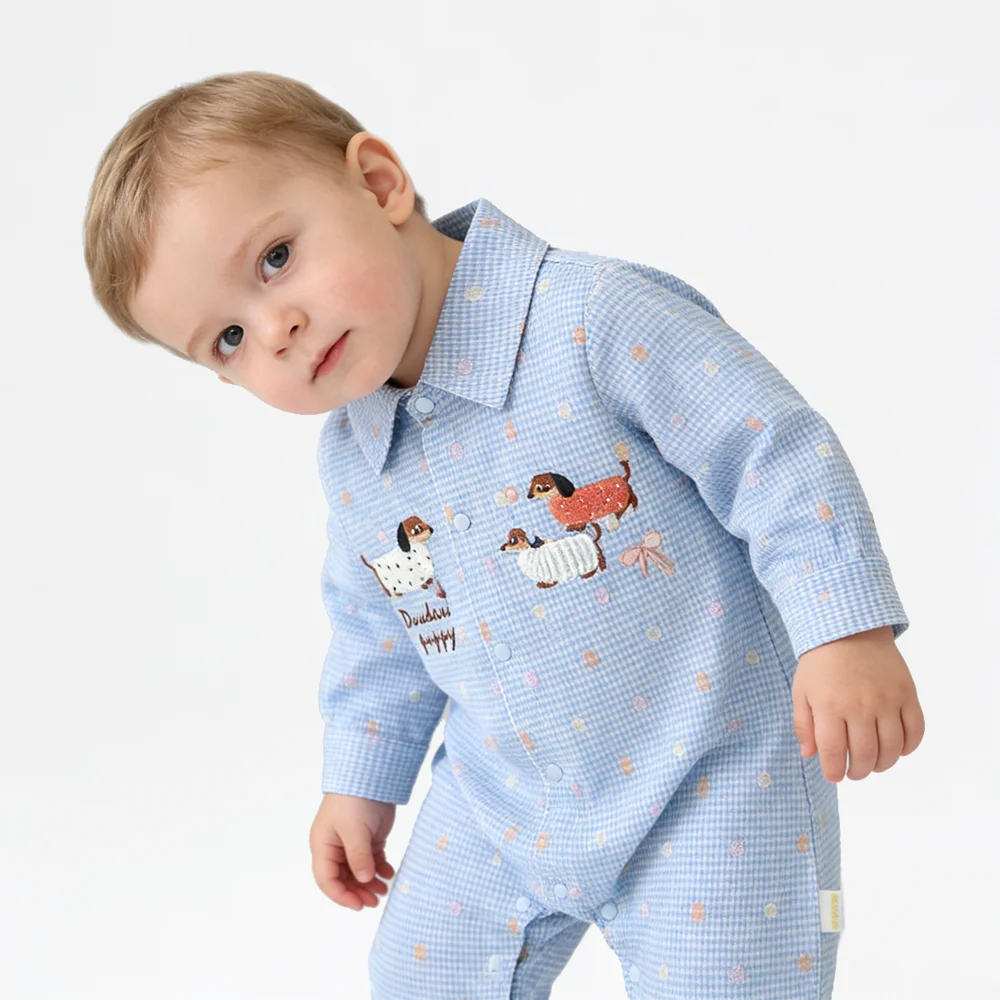 

Baby Boy Blue Lattice Romper with Long Sleeve One-Piece Cute Puppy Design Soft Cotton Infant Outfit for Daily Wear 0-24M Clothes