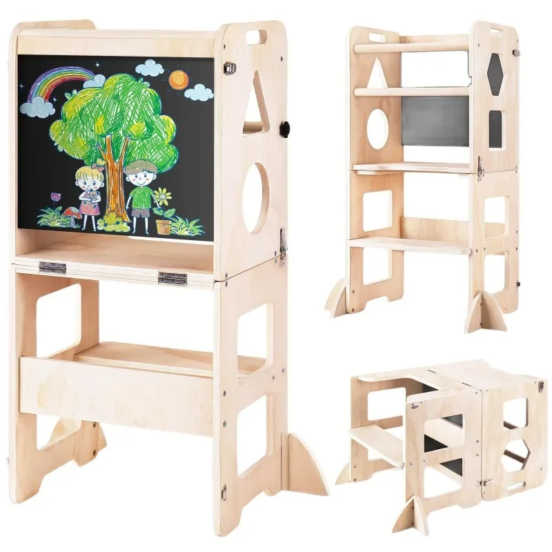 Montessori Learning Tower Solid Wood Washing Foot Stool Kitchen Standing Stool Baby Dining Chair with Blackboard