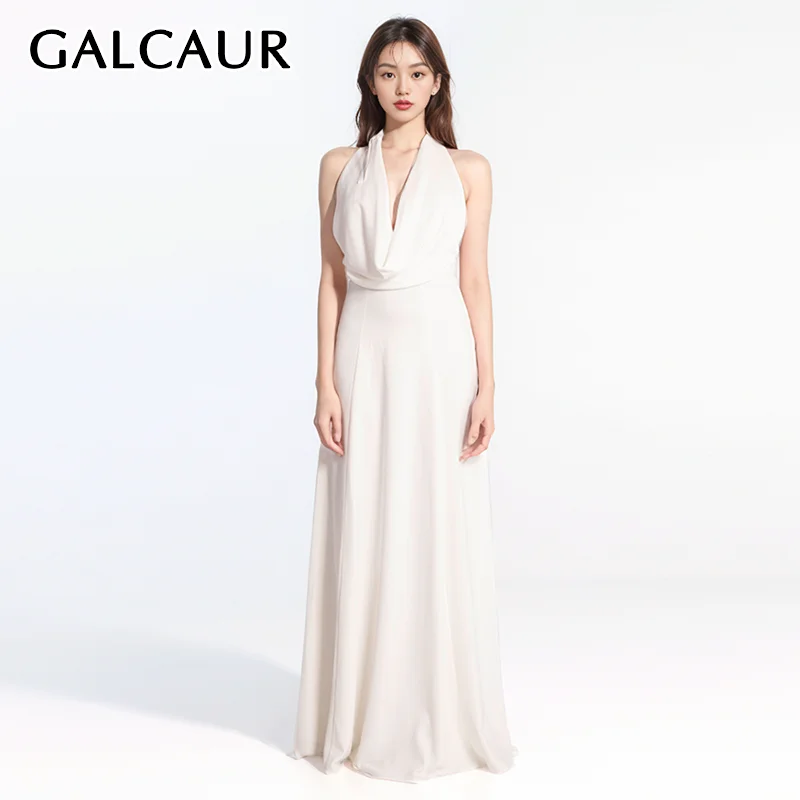 

GALCAUR Sexy Backless Dresses For Women Halter Sleeveless High Waist Minimalist Casual Folds A Line Maxi Party Dress Female