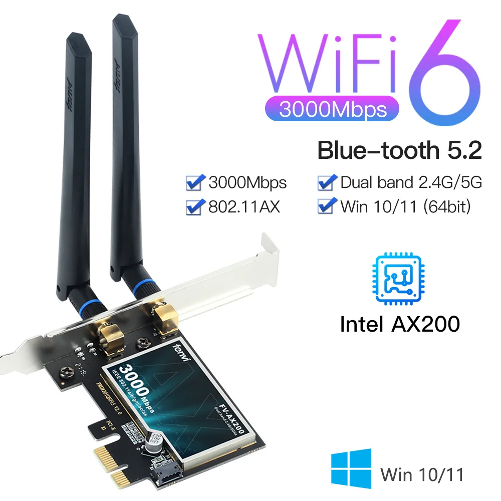 

3000 Мбит/с Wi-Fi 6 беспроводной настольный адаптер Intel AX200 PCIe Wi-Fi Bluetooth 5,2 802.11ax двухдиапазонный 2,4G/фотография PCI Express сетевая карта