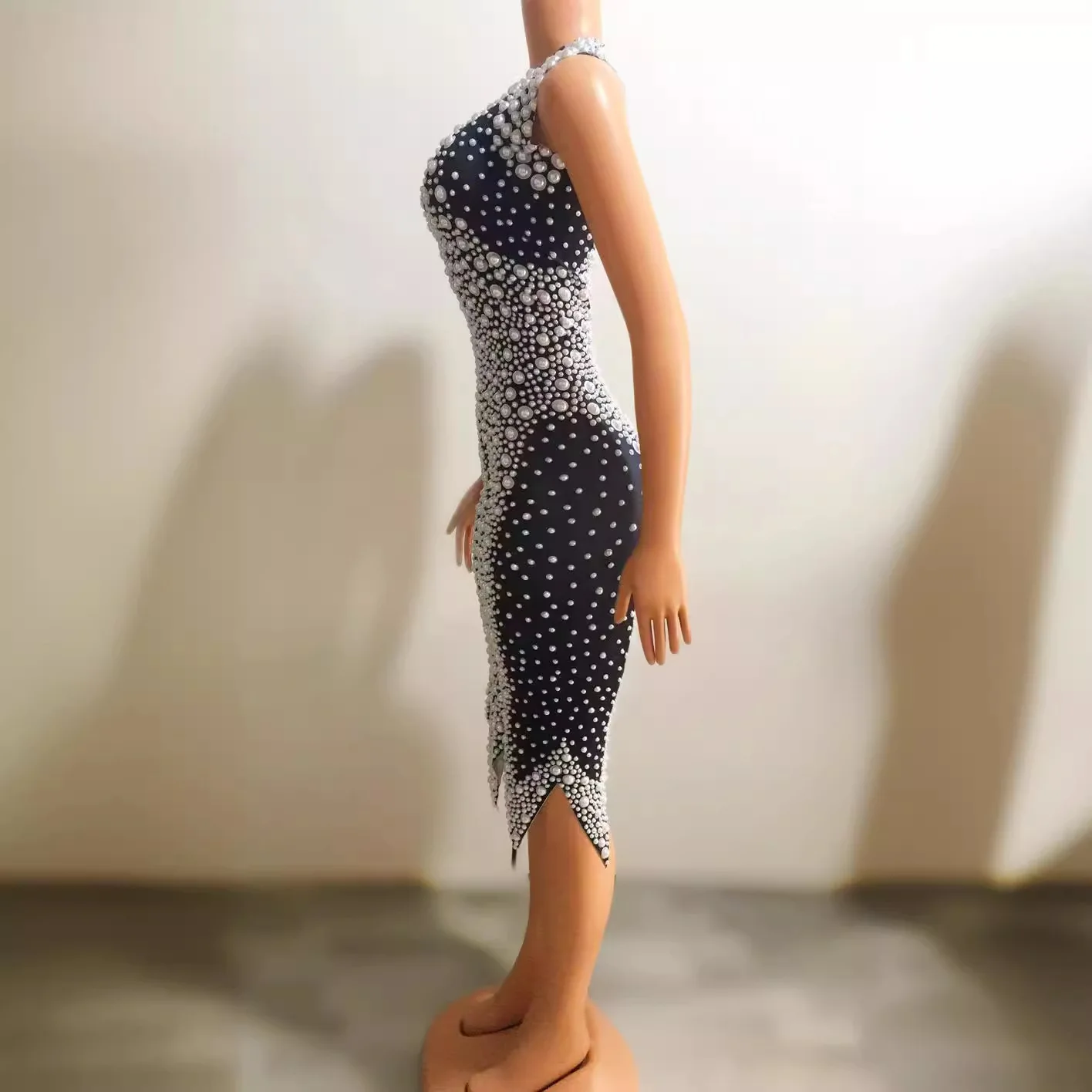 진주 우아한 민소매 라인 석 진주 파티 드레스 스파클링 이브닝 칵테일 파티 베스 티드 Organza Mujer Robes Bal De Promo
