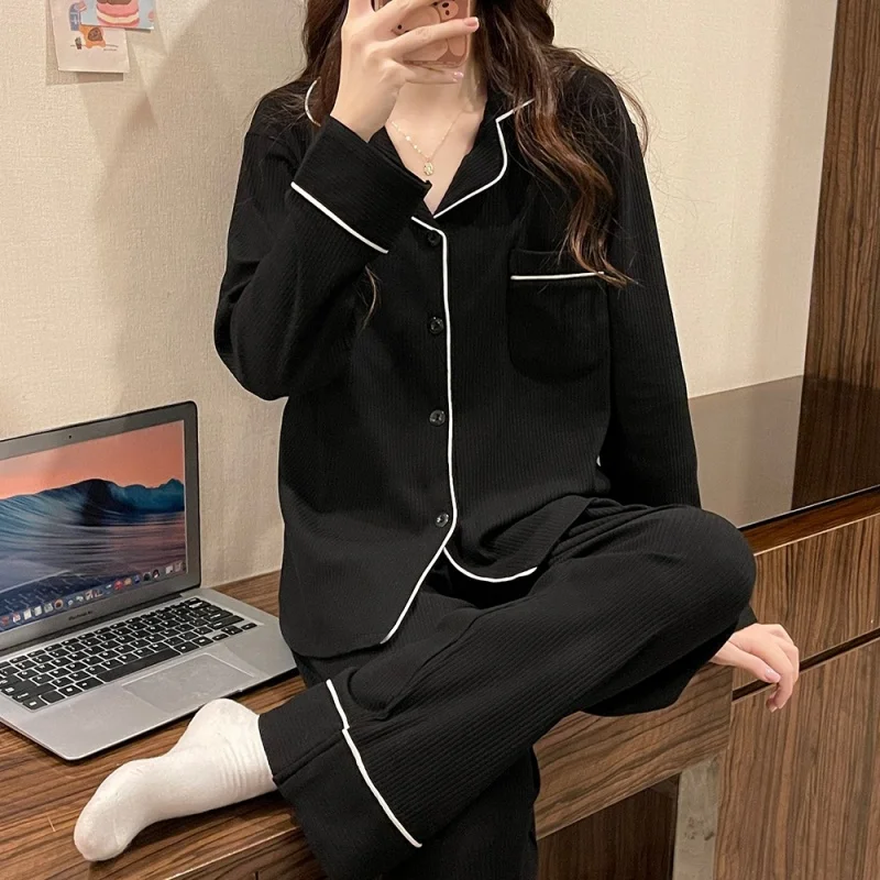 

Spring and Autumn New Women's Fashion Simple Pajamas Solid Color Dyed Fabric Long Sleeve Black Cardigan Loungewear Set for Girls