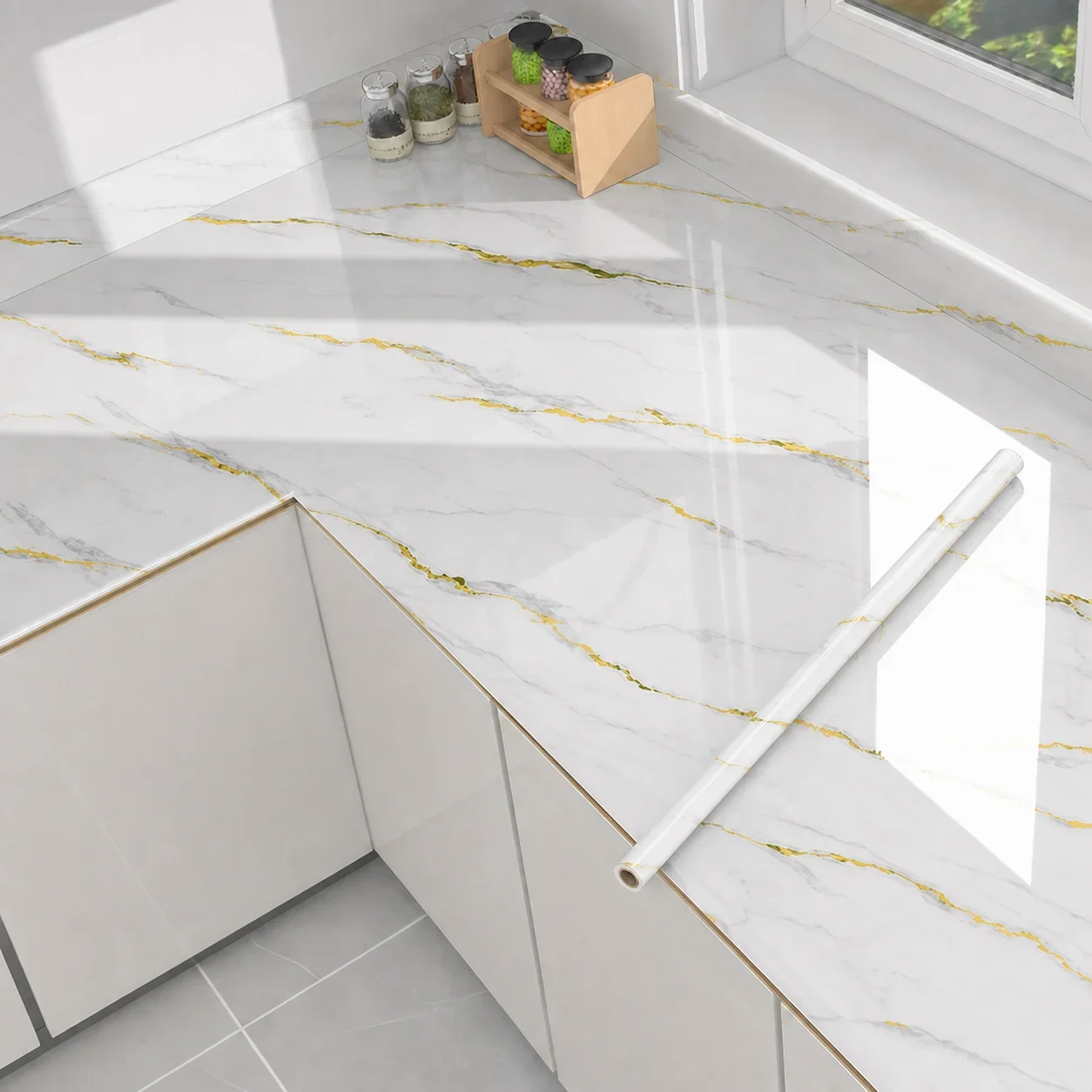 Gold-Veined Marble Self-Adhesive Film Glossy Oil-Proof Kitchen Countertop Film Suitable For Cabinets And Tabletops.