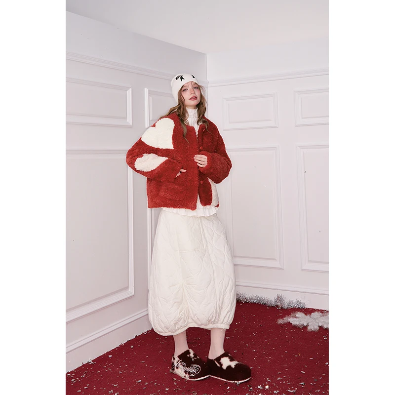 ELFSACK Y2K Cute Casual Plush Heart Button Short Faux Wool Jacket For Women