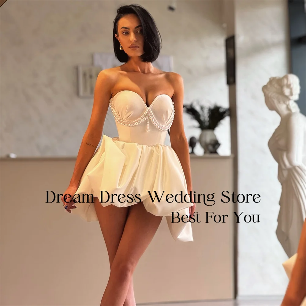 

DREAM Short Sweetheart Pearls Satin A-Line Wedding Dresses Strapless Pleat Above-Knee Bridal Gown Vestidos De Novia Customized