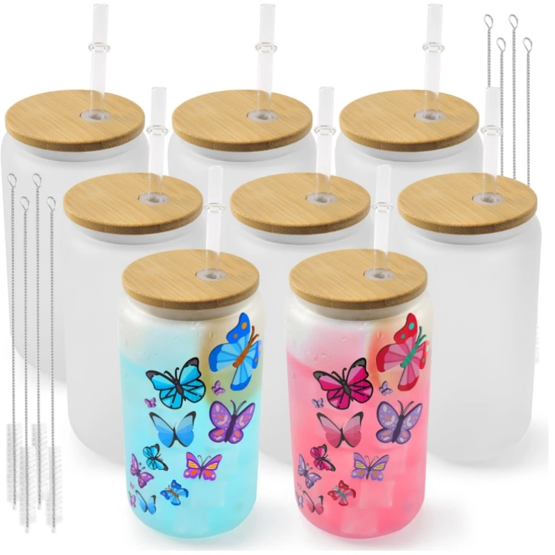 

HTVRONT 8-24 Pack Frosted Sublimation Glass With Bamboo Lid Cups With Straws 16OZ Tumbler for Beer, Juice, Soda, Iced Coffee