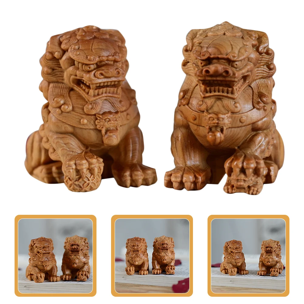 

1 Pair Wooden Lion Sculpture Handcrafted Guardian Statue Home Office Decor Ornament Lunar New Year Crafts Carved Animal Chinese