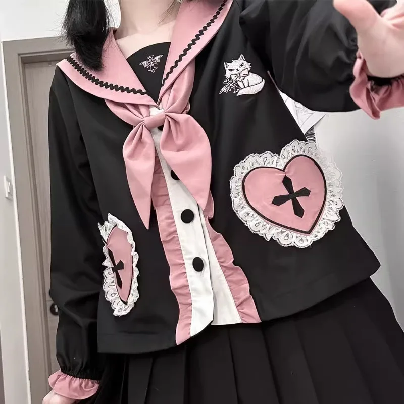 Japanese Pink Black Sailor Suit Cute Preppy Style Cartoon JK Uniform Sets 2024 Autumn And Winter Clothes Color Matching Outfits