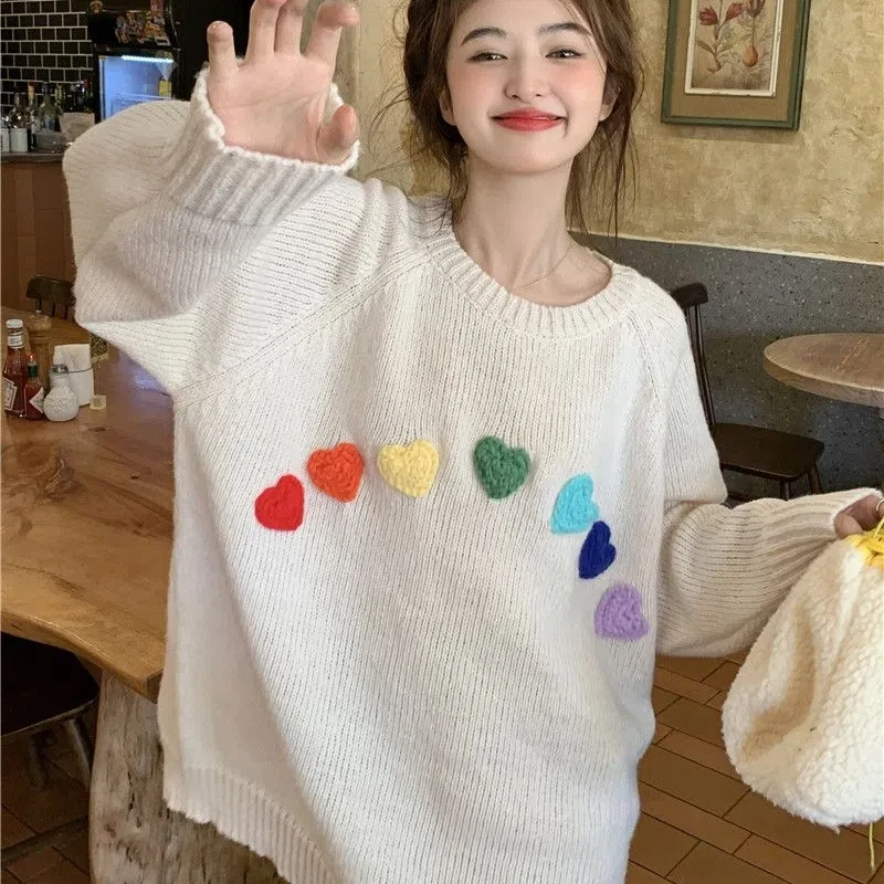 Lazy Style Three-dimensional Colorful Heart-shaped Round Neck Sweater for Women Latest Gentle Sweet and Loose Knit Sweater