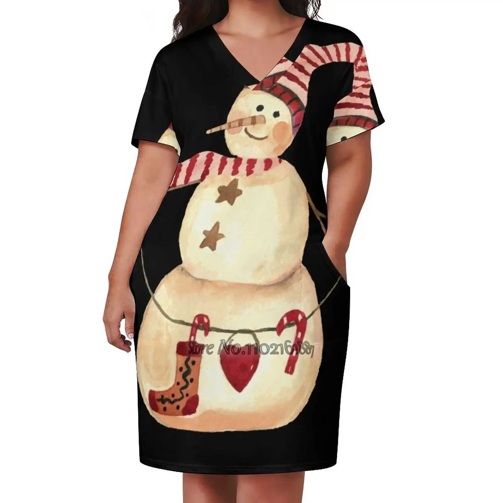 

Vintage Snowman V-Neck Short Sleeve Skirt Slim Skirts Loose Elegant Fashion Dress 5Xl Christmas Watercolor New Year Holiday