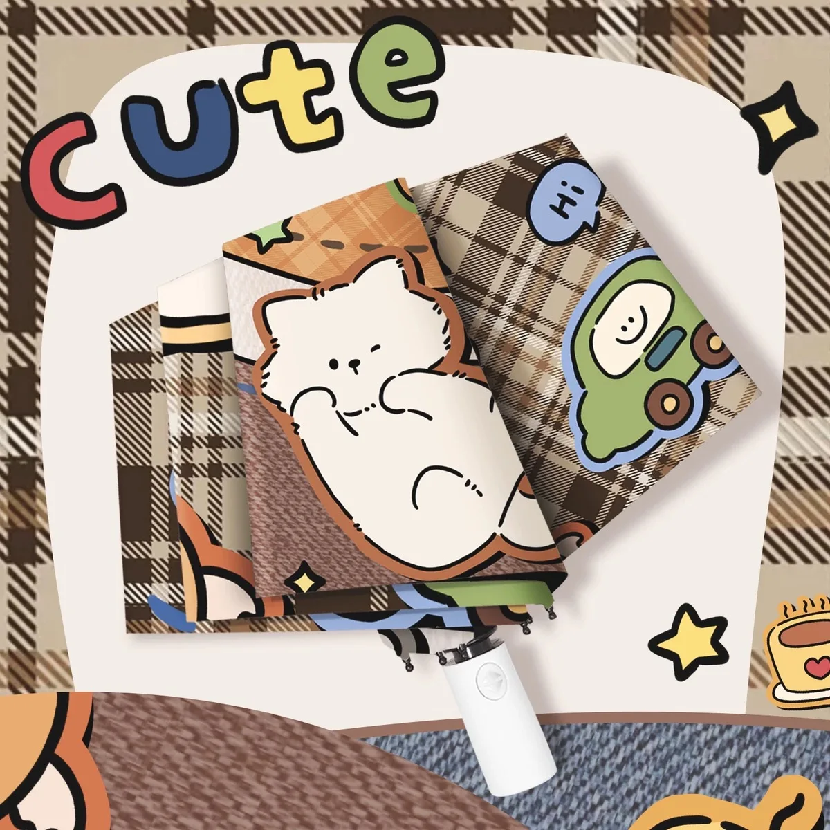 

​Cafe Diary Bear Auto Umbrella Windproof 98cm Canopy Lotus Waterproof Compact Foldable Sun Rain Protection Cute Cartoon Design