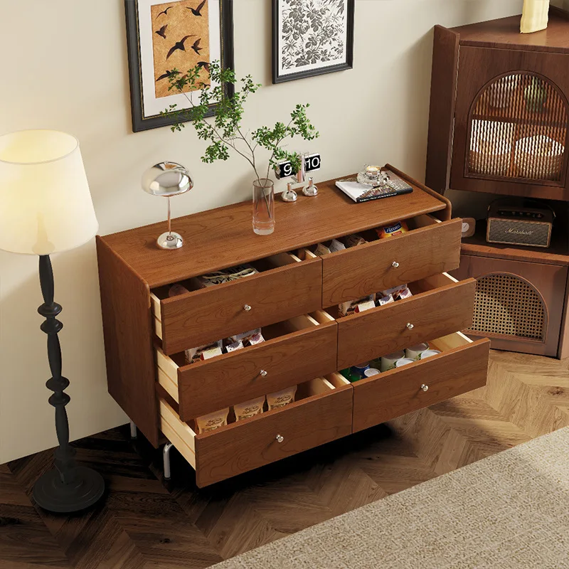 us-Modern Five-Drawer Adjustable Solid Wood Storage Cabinet with Hinges Cherry Wood Color Small Apartment Living Room-