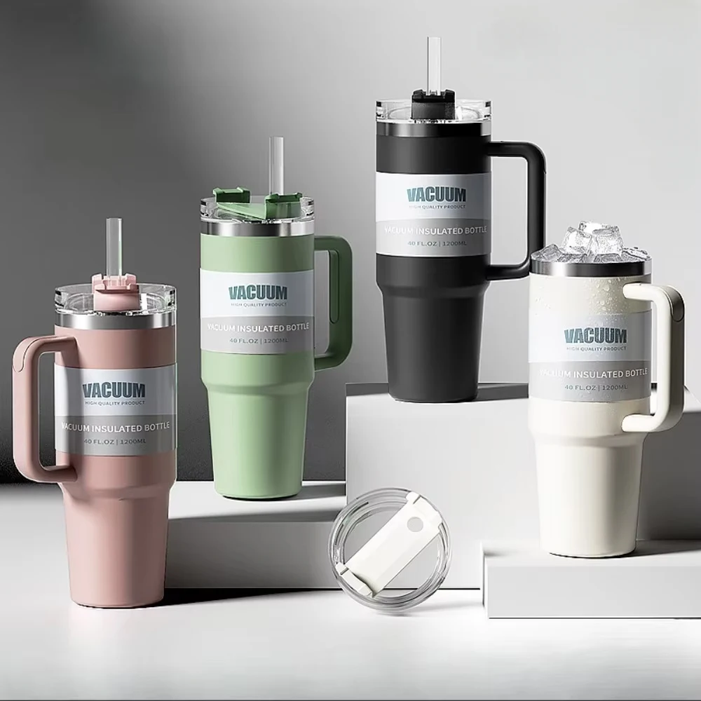 

40OzGlassMug с изолированной ручкой, дорожная кружка из нержавеющей стали, кружка для кофе со льдом, крышка без бисфенола А и соломинка, сохраняет напитки, холод для более длинных