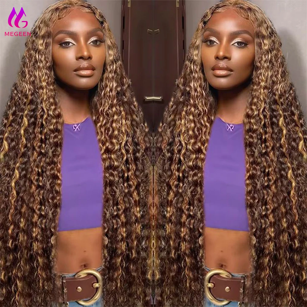 

Megeen P4/27 хайлайтер 13x4 HD прозрачный кружевной передний al парик с глубокой волной передний парик из человеческих волос с детскими вьющимися натуральными волосами