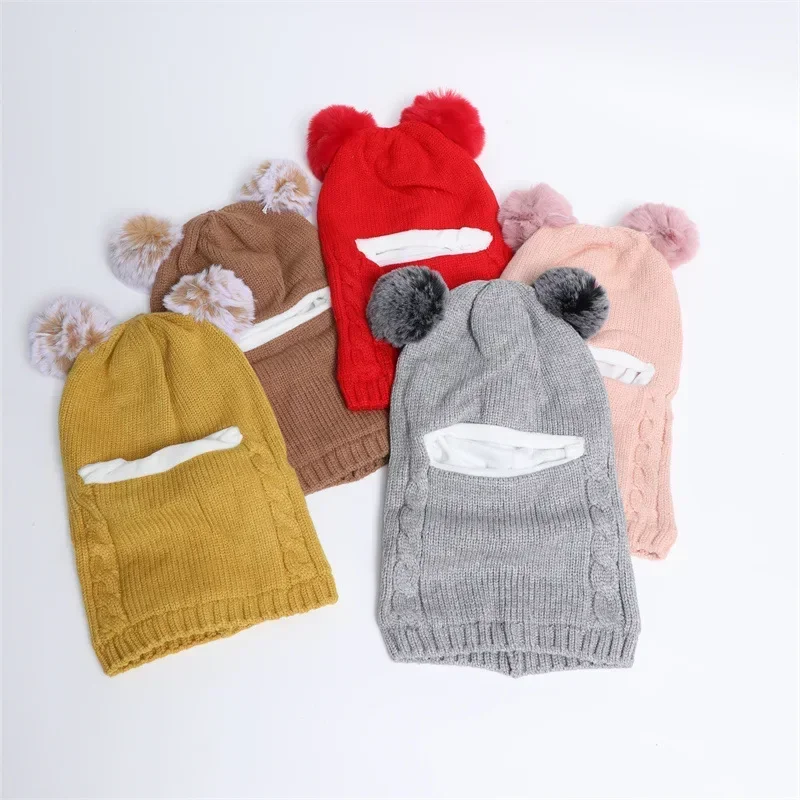Breathable Warm Hats Two Ball Ear Protection Caps Autumn and Winter Baby Knitted Hat Windproof Head Full Face Neck Cover