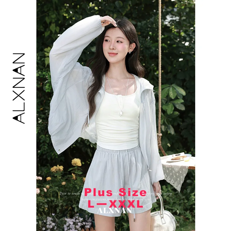 ALXNAN Plus Size Blue Cuffed Long Sleeves Hooded Shirt Adjustable Drawstring Hood Shirts Elegant Casual Female Tops D66881