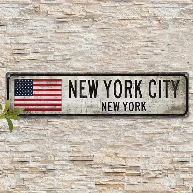 Letrero de metal vintage de la ciudad de Nueva York, decoración rústica de pared de aluminio con bandera americana para bar, oficina, cueva de hombre, placa temática de Nueva York