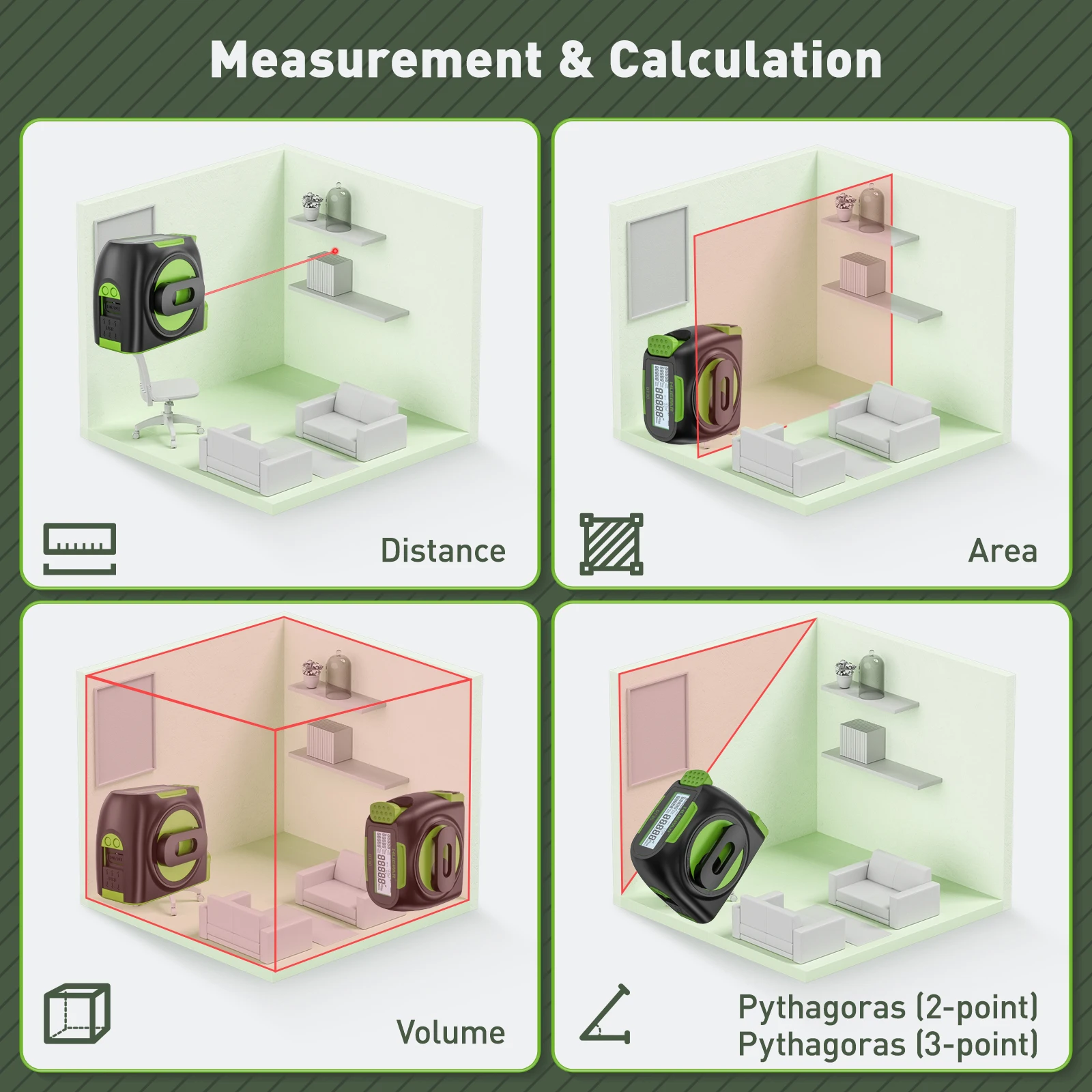 Huepar DT30 Laser Tape Measure Laser Distance Meter 2 in 1 Digital Laser Rangefinder LCD Display Rechargeable Measurement Tools