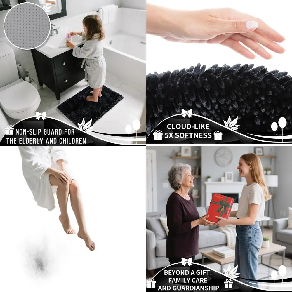 

60x24 Inch Thick Chenille Bath Runner Mat - Soft, Absorbent, Non-Slip, Machine Washable for Bathroom, Tub, Shower - Black