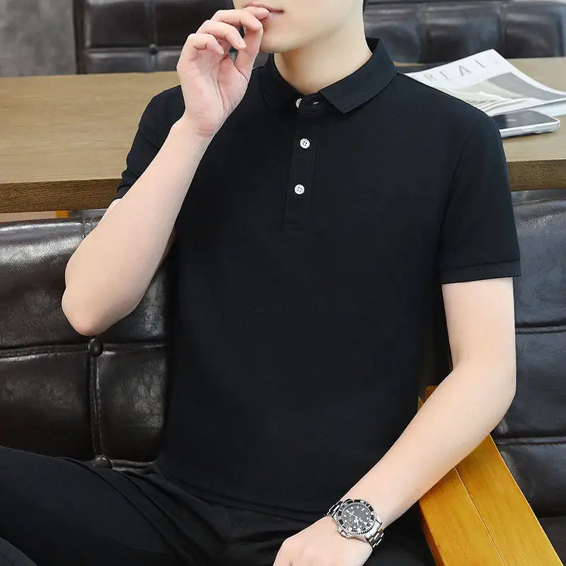 High-End Men's  Shirt Short Sleeve Ice Silk Summer Clothes with Collar Half Sleeve Ice Silk Body T-Shirt Large Size