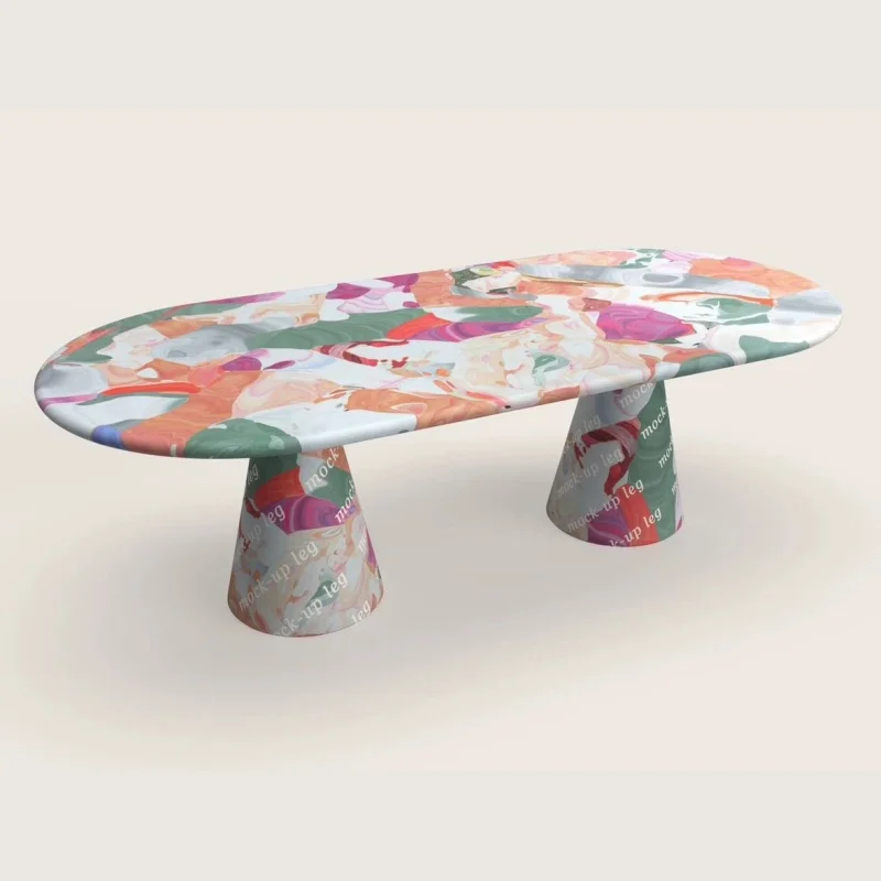 #Oval Tabletop and Two Conical Bases FRP Dining Table with Oil Painting Style Patterns Vivid Colors and Artistic Brushstrokes