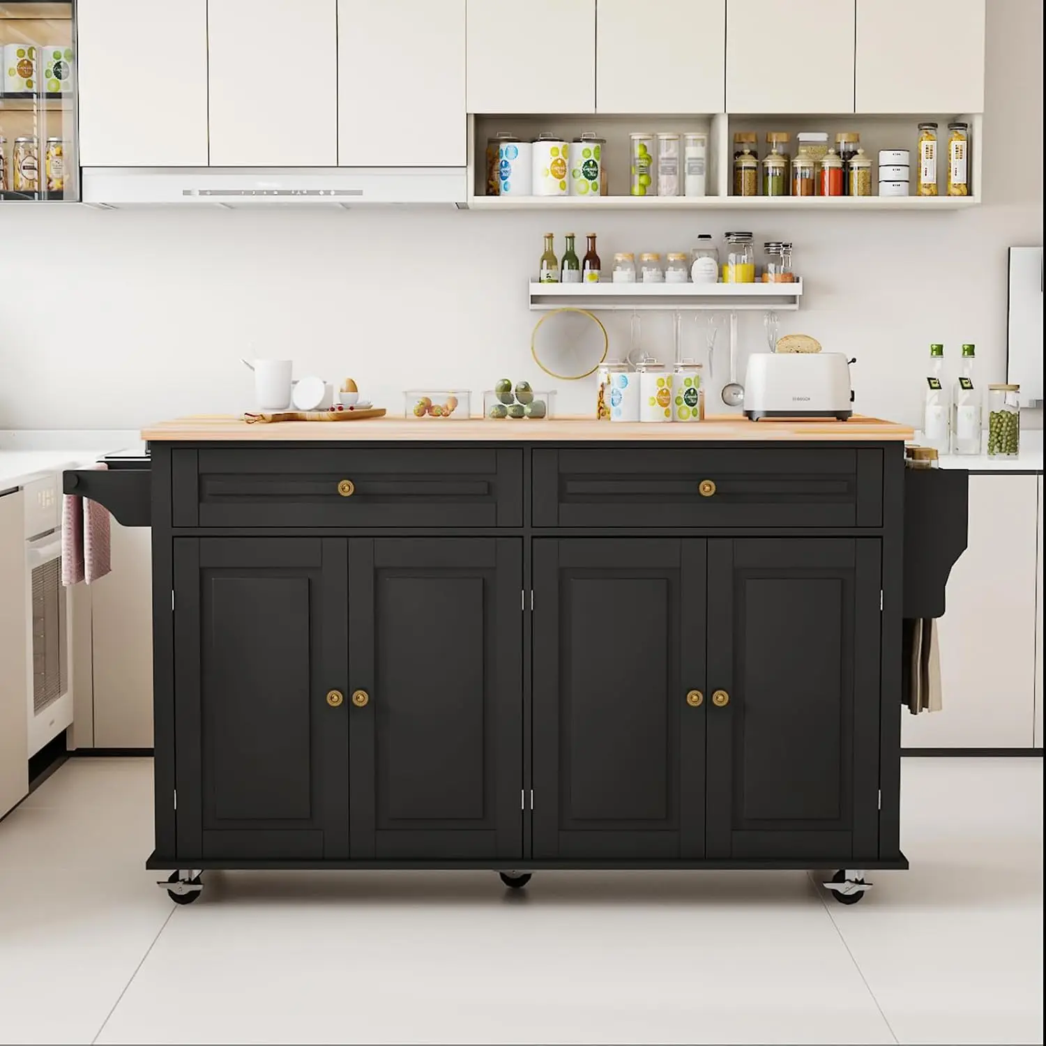 Kitchen Island Cart with Drop Leaf Breakfast Bar, Rolling Storage Cabinet Drawer Spice Towel Rack, Black, Customized