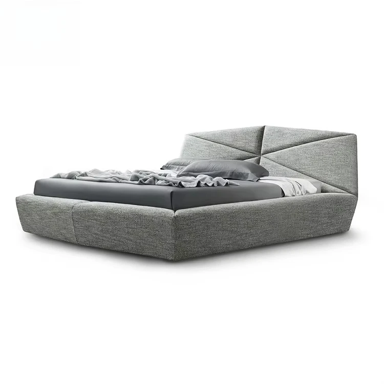 yp-Modern Geometric Platform Bed, Upholstered Angled Headboard Bed with Textured Fabric for Bedroom and Contemporary Home-