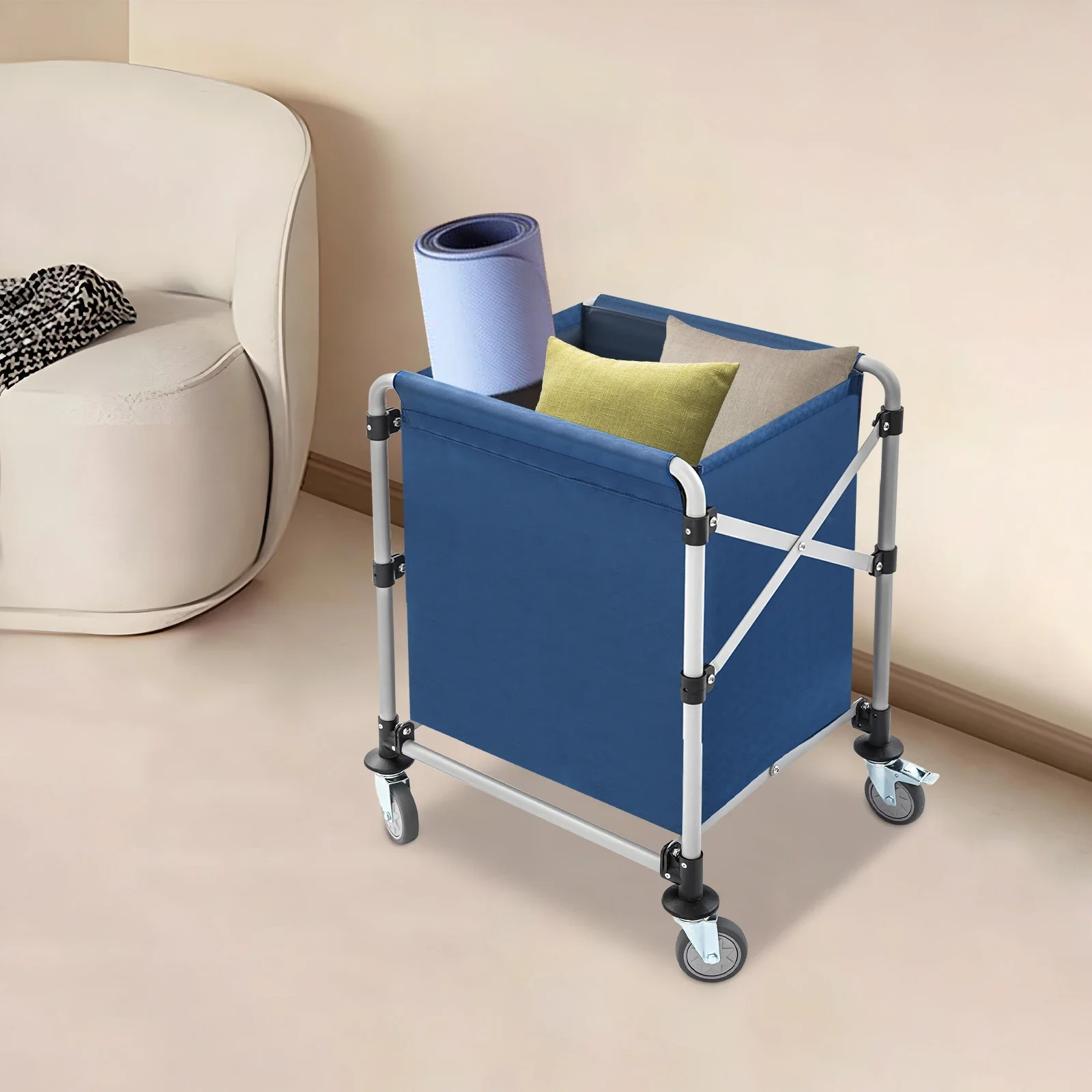 ตะกร้าซักผ้าพับได้โครงเหล็กผ้าอ็อกซ์ฟอร์ดสีน้ำเงิน ขนาด 60*60 ซม. พร้อมล้อเบรก รับน้ำหนักได้ 220 ปอนด์ สำหรับใช้ในเชิงพาณิชย์