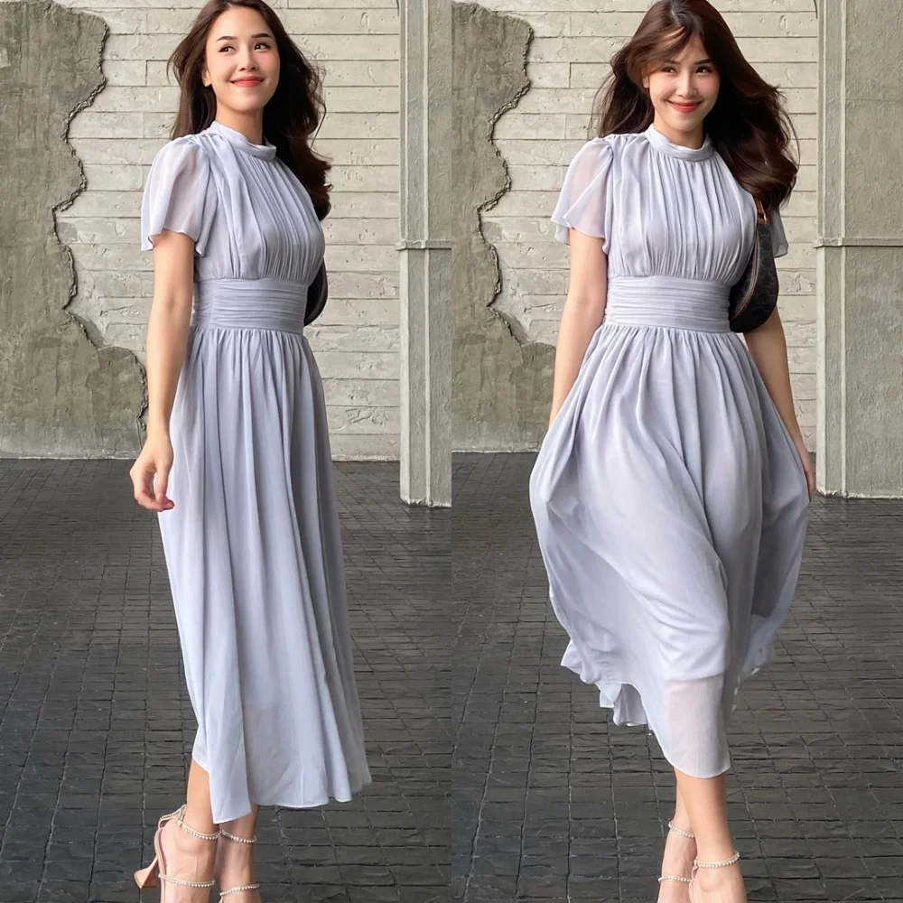 

Customized Classic Chiffon Evening Dresses Exquisite O-Neck Short Sleeves Celebrity Gowns Fashion Special Occasion Gowns